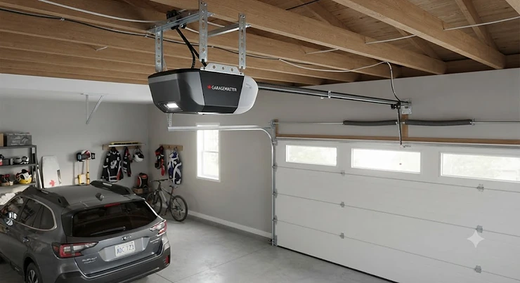 Modern belt drive garage door opener installed on a Canadian home garage ceiling, highlighting quiet and smooth operation.