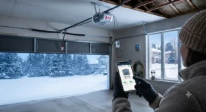 A quiet belt-drive cold weather rated garage door opener operating smoothly in winter conditions.