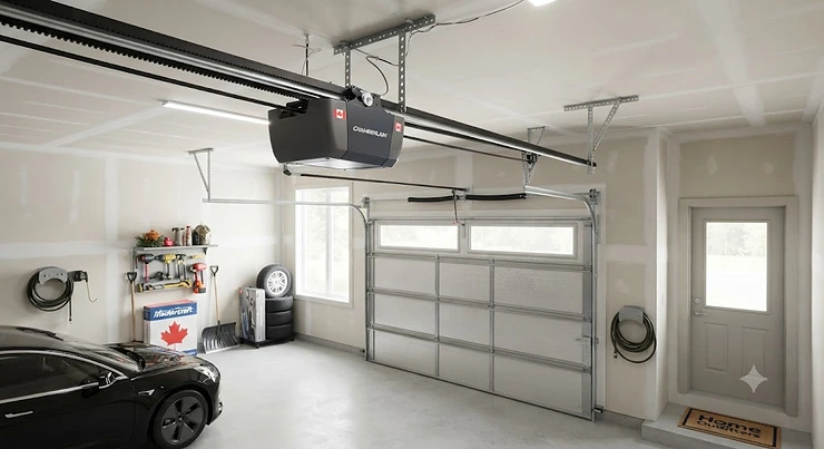 Illustration of a quiet belt drive opener for an attached garage in a Canadian home. belt drive opener for attached garage