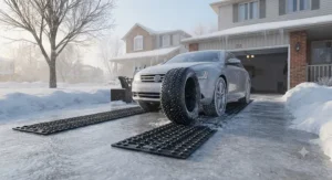Vehicle tires safely gripping traction mats on a slippery, ice-glazed driveway after a snowstorm.