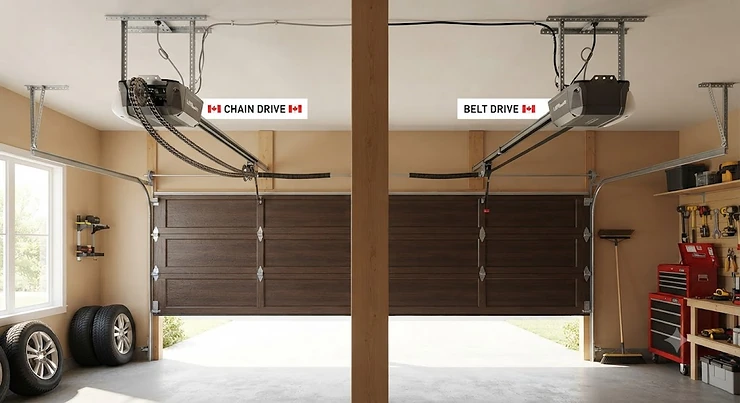 A side-by-side comparison illustrating a chain drive vs belt drive garage door opener for Canadian homes.