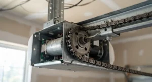 Close-up of a metal chain drive garage door opener mechanism showing the durable metal chain link.
