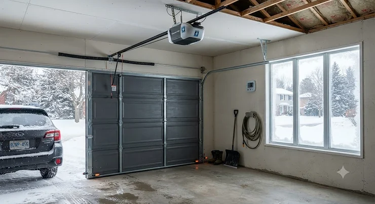 A cold weather rated garage door opener installed in a Canadian home during winter.