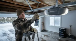 Close-up of a high-torque DC motor garage door opener engineered for sub-zero weather conditions.
