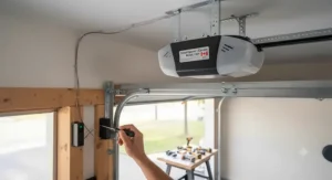 Close-up of a DIY installation showing the motor and safety sensors of a smart garage door opener on the ceiling.
