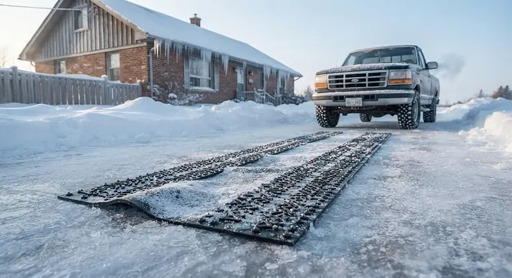 Flexible and durable traction mats remaining intact despite severe sub-zero Canadian winter weather. roof rake for snow removal