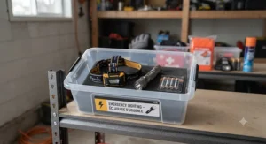 Emergency LED headlamp and flashlight included in a garage winter storm safety kit.