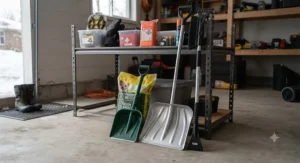 Ergonomic snow shovel and ice scraper included in an ice and snow safety kit for a garage.