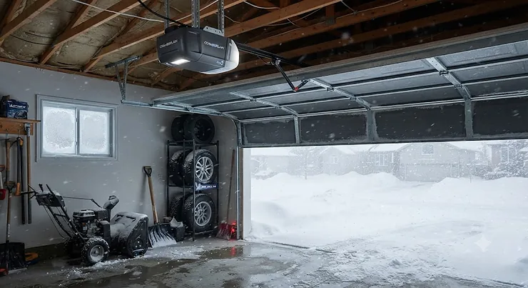 A modern garage door opener operating smoothly during a severe Canadian winter snowstorm. garage door opener for extreme cold
