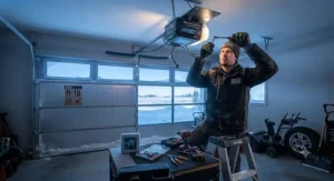 Professional technician installing a winter-rated garage door opener for a home in the Canadian Prairies.
