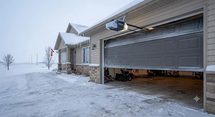 A reliable garage door opener operating smoothly during a freezing Prairie winter in Canada. garage door opener for Prairie winters