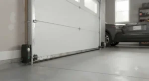 Safety reversing sensors mounted near the floor beneath a belt drive garage door to prevent accidents.