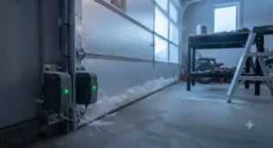 Properly aligned safety sensors on a garage door opener during winter conditions in Alberta.