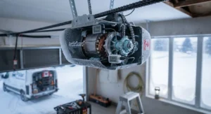 A heavy-duty motor on a cold weather rated garage door opener built to handle ice and snow load.