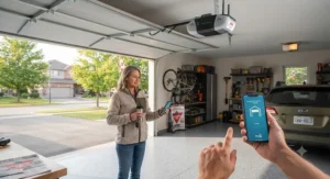 A Canadian homeowner using a mobile app on their smartphone to operate a smart garage door opener remotely.