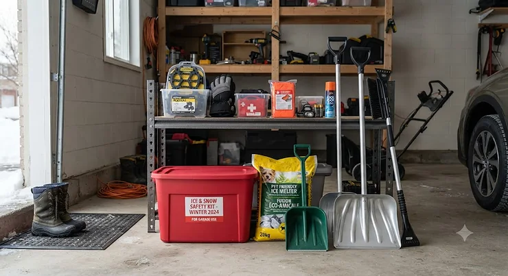 Complete ice and snow safety kit stored neatly in a Canadian garage for winter driveway preparation.