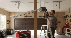 A technician installing a new garage door opener system on a residential ceiling track.