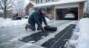 Homeowner placing rubber traction mats on an icy residential driveway during a freezing winter day.
