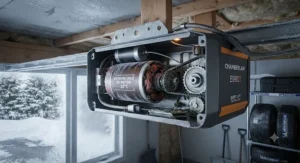 Professional technician installing a heavy-duty garage door opener system in a cold climate garage.