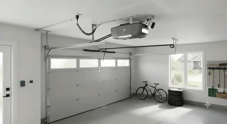 Modern smart garage door openers installed on a residential garage ceiling in Canada