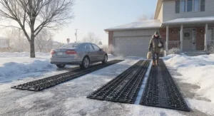 Versatile traction mats providing safe walking paths and vehicle tracks across an icy Canadian driveway.