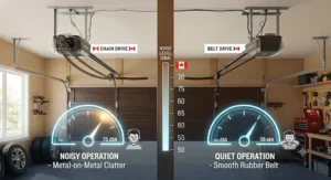Infographic comparing the noise levels of a chain drive vs belt drive garage door opener for attached garages.