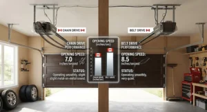 Performance and opening speed comparison between a chain drive and a belt drive garage door opener.