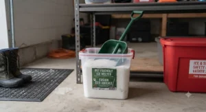 Bucket of pet-safe ice melter stored safely as part of an ice and snow safety kit for a garage.