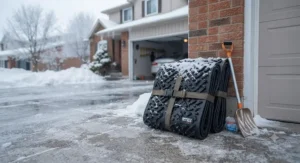 Compact emergency traction mats kept ready for sudden ice accumulation on a home driveway.