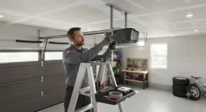 A professional technician carefully installing a belt drive garage door opener in a Canadian home.