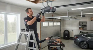 Illustration showing a technician professionally installing a belt drive opener for a Canadian home.