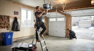Technician installing a smart garage door opener system in a residential garage in Canada.