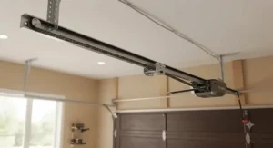 A quiet reinforced rubber belt drive garage door opener rail operating smoothly along the ceiling.
