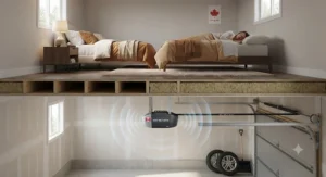 Cutaway illustration showing a quiet belt drive garage door opener operating beneath a bedroom.