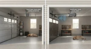 Illustration showing how quiet belt drive openers are compared to traditional chain drives in residential areas.