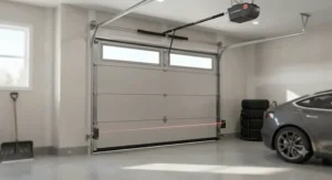 Illustration showing safety photoelectric reversal sensors installed with an attached garage opener.
