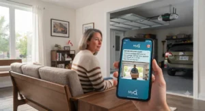 A smartphone screen displaying a secure package delivery notification through a connected smart garage door opener.