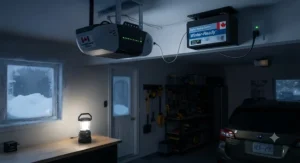 A backup battery unit for a smart garage door opener ensuring operation during severe winter power outages.