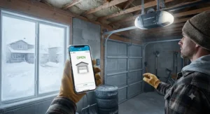 Smartphone displaying a connected smart garage door opener app on a frosty Canadian morning.