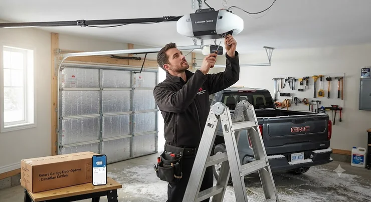 Professional technician installing a smart garage door opener in a Canadian home during winter smart garage door openers
