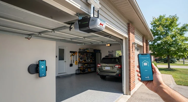 A modern smart garage door opener installed on a residential garage in Canada, ready for smartphone control.