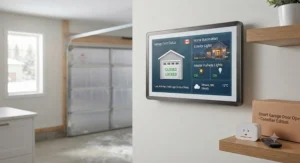 Central smart home hub display showing automated lighting and smart garage door opener status in Canada
