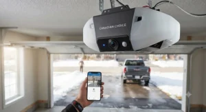 Built-in security camera and motion sensor on a smart garage door opener monitoring a residential driveway