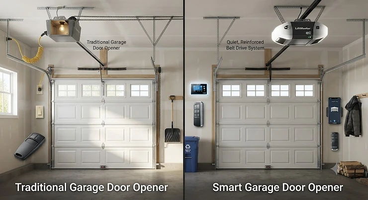 Comparison of a smart garage door opener and a traditional garage door opener installed on Canadian residential garage doors. smart garage door opener vs traditional opener