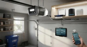Smart garage door opener connected to home Wi-Fi and smart home automation hubs for remote access.