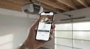 Smartphone screen displaying remote access and monitoring for a Wi-Fi enabled belt drive garage door opener.