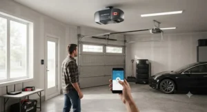 Illustration demonstrating smartphone Wi-Fi control for a belt drive opener in an attached garage.