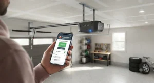 Smartphone displaying a smart Wi-Fi connected app controlling a modern belt drive garage door opener.