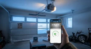 Smartphone app controlling a smart garage door opener remotely on a cold winter morning in Saskatchewan.