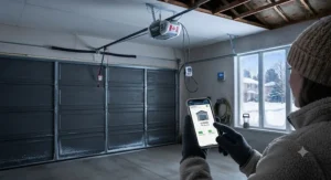 Using a smartphone app to check a cold weather rated garage door opener during freezing Canadian weather.